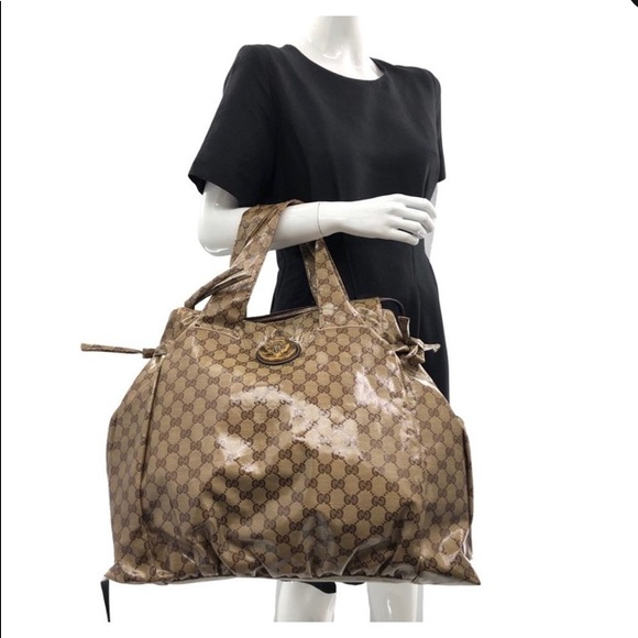 Gucci Top Handle Hysteria Bag Crystal Coated Large Beige Patent Gg Canvas Tote - Picture 2 of 12